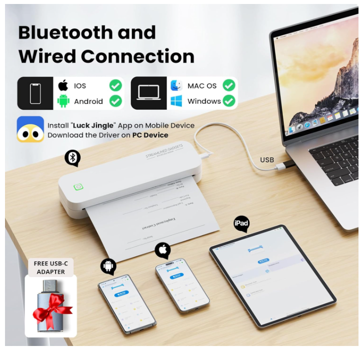 Imprimante portable sans encre 2025, compatible avec iOS, Android, Mac et Windows, pour le bureau, la voiture et la maison, avec étui et kit de 3 rouleaux thermiques.