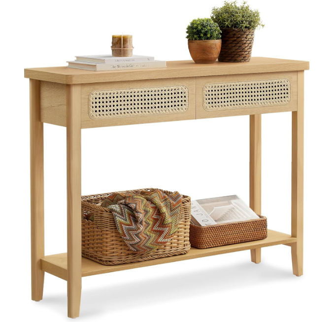 Console Table, Sofa Table, Narrow Entryway Table, Entry Table with 2 Drawers, Open Storage Shelf, Rounded Corners, for Living Room, Boho Style, Oak Beige