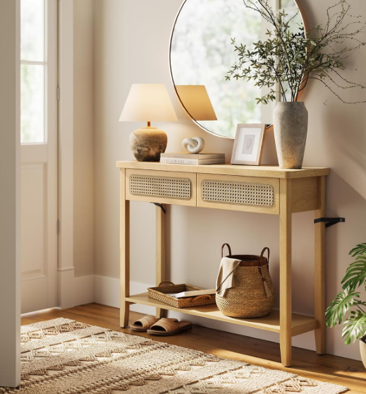 Console Table, Sofa Table, Narrow Entryway Table, Entry Table with 2 Drawers, Open Storage Shelf, Rounded Corners, for Living Room, Boho Style, Oak Beige