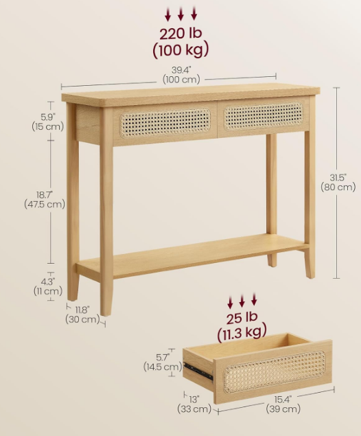 Console Table, Sofa Table, Narrow Entryway Table, Entry Table with 2 Drawers, Open Storage Shelf, Rounded Corners, for Living Room, Boho Style, Oak Beige