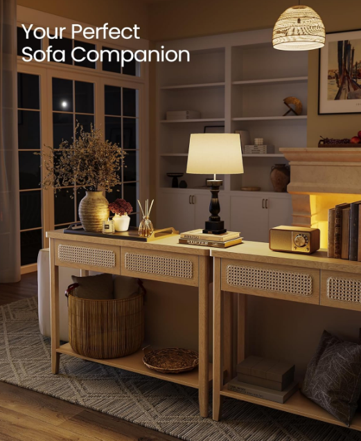 Console Table, Sofa Table, Narrow Entryway Table, Entry Table with 2 Drawers, Open Storage Shelf, Rounded Corners, for Living Room, Boho Style, Oak Beige