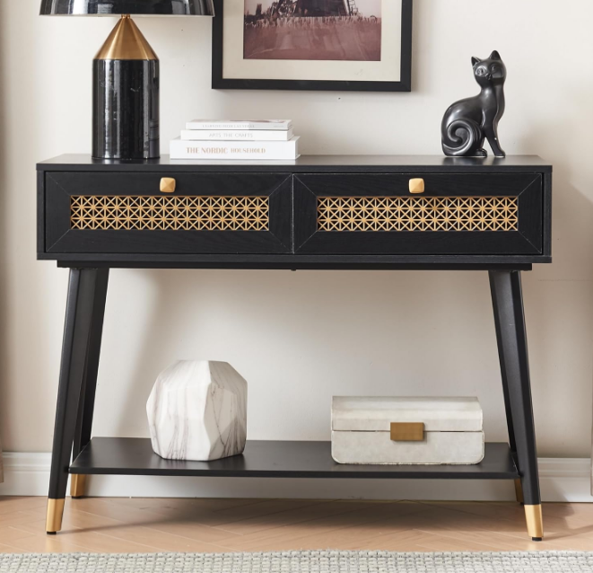 Mid Century Modern Console Table with Drawers and Shelf, Narrow Sofa Table for Living Room, Entryway and Bedroom, Boho Style, Black