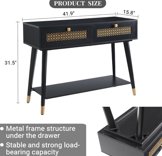Mid Century Modern Console Table with Drawers and Shelf, Narrow Sofa Table for Living Room, Entryway and Bedroom, Boho Style, Black