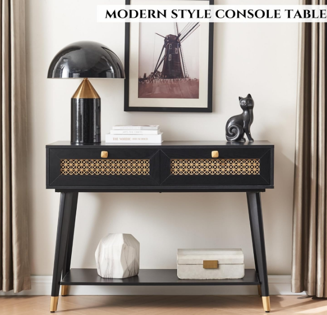 Mid Century Modern Console Table with Drawers and Shelf, Narrow Sofa Table for Living Room, Entryway and Bedroom, Boho Style, Black