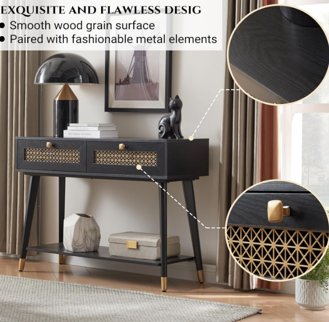 Mid Century Modern Console Table with Drawers and Shelf, Narrow Sofa Table for Living Room, Entryway and Bedroom, Boho Style, Black