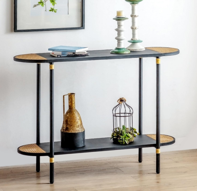 Black Metal Console Table with Rattan Decor, 2-Tier Entryway Table, 42.32"(L) Narrow Sofa/Couch Side Table with Metal Frame, Hallway Entry Table for Living Room