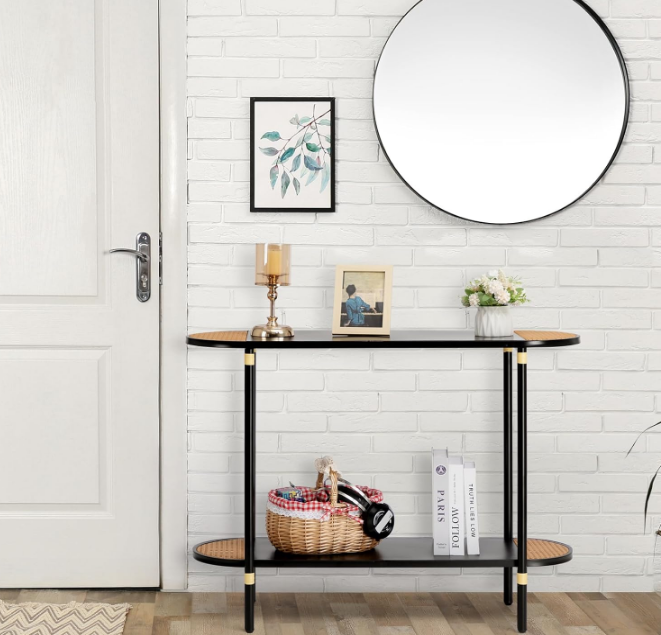 Black Metal Console Table with Rattan Decor, 2-Tier Entryway Table, 42.32"(L) Narrow Sofa/Couch Side Table with Metal Frame, Hallway Entry Table for Living Room