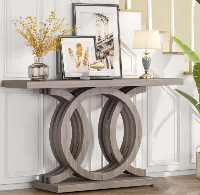 55 inches Console Table with Geometric Base, Farmhouse Hallway Table, Wooden Entryway Table, Vintage Sofa Table, Unique Long Accent Table for Decoration and Organization (Grey)