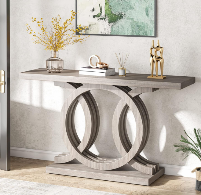 55 inches Console Table with Geometric Base, Farmhouse Hallway Table, Wooden Entryway Table, Vintage Sofa Table, Unique Long Accent Table for Decoration and Organization (Grey)
