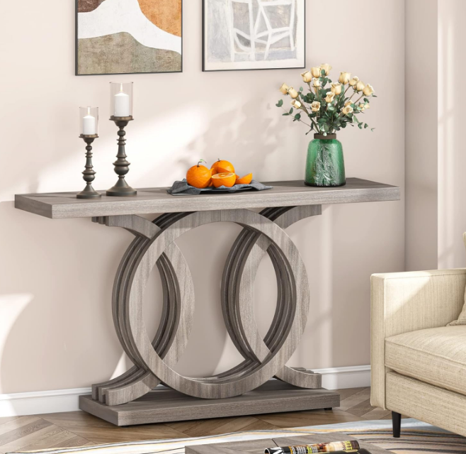 55 inches Console Table with Geometric Base, Farmhouse Hallway Table, Wooden Entryway Table, Vintage Sofa Table, Unique Long Accent Table for Decoration and Organization (Grey)