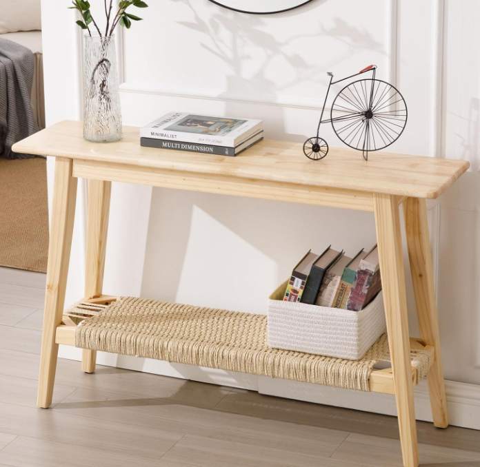 Entryway Table, Farmhouse Natural Console Table with Rattan Storage Shelf Wood Rustic Narrow Entrance Table 46" Boho Sofa Table for Entry Hallway Living Room - Natural Color