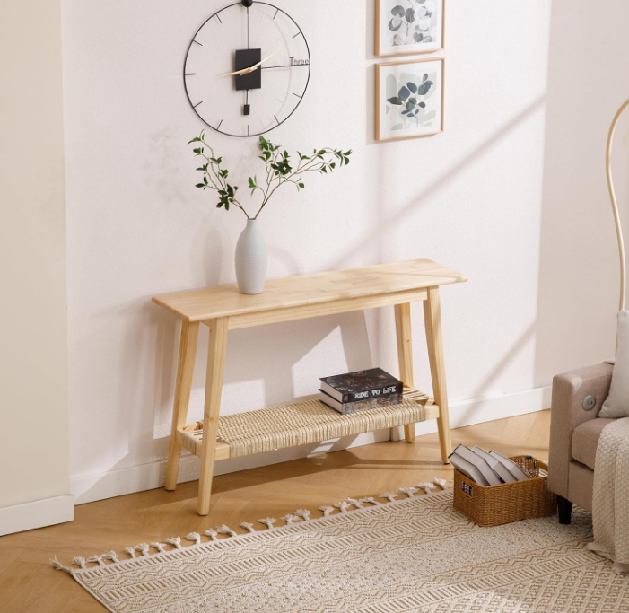 Entryway Table, Farmhouse Natural Console Table with Rattan Storage Shelf Wood Rustic Narrow Entrance Table 46" Boho Sofa Table for Entry Hallway Living Room - Natural Color
