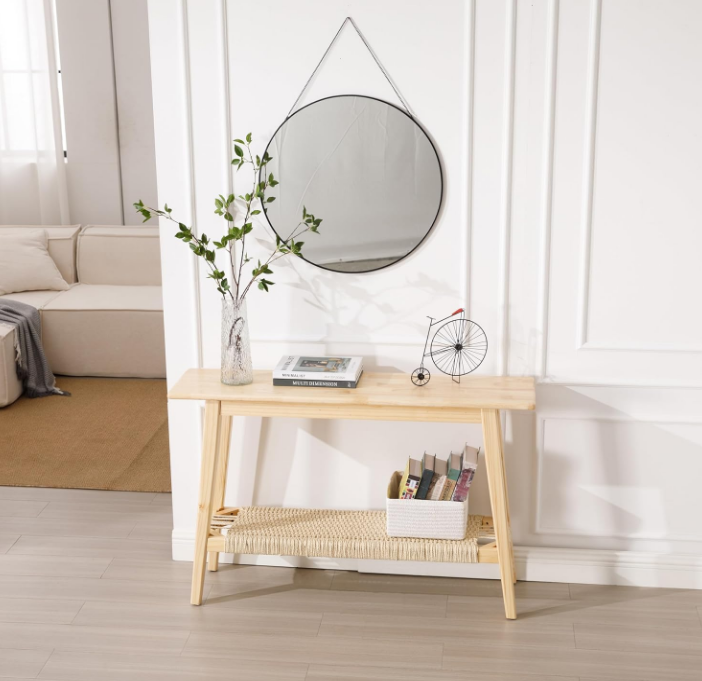 Entryway Table, Farmhouse Natural Console Table with Rattan Storage Shelf Wood Rustic Narrow Entrance Table 46" Boho Sofa Table for Entry Hallway Living Room - Natural Color