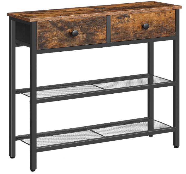 29.5" Narrow Console Table with 2 Fabric Drawers, Small Entryway Table with 3-Tier Storage Shelves, Thin Sofa Table, Side Table, for Living Room, Hallway, Rustic Brown and Black 