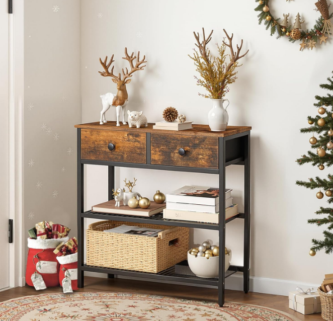 29.5" Narrow Console Table with 2 Fabric Drawers, Small Entryway Table with 3-Tier Storage Shelves, Thin Sofa Table, Side Table, for Living Room, Hallway, Rustic Brown and Black 