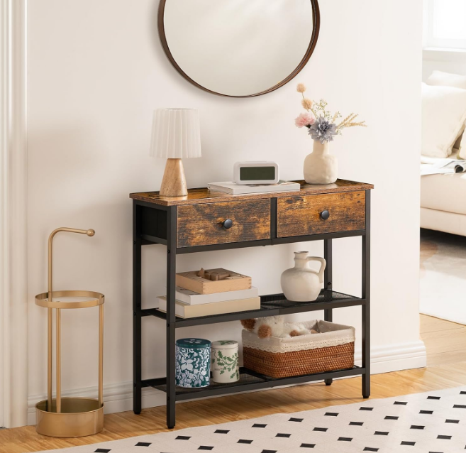 29.5" Narrow Console Table with 2 Fabric Drawers, Small Entryway Table with 3-Tier Storage Shelves, Thin Sofa Table, Side Table, for Living Room, Hallway, Rustic Brown and Black 