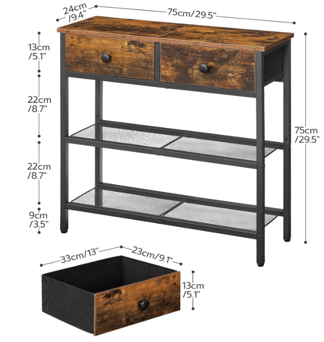 29.5" Narrow Console Table with 2 Fabric Drawers, Small Entryway Table with 3-Tier Storage Shelves, Thin Sofa Table, Side Table, for Living Room, Hallway, Rustic Brown and Black 