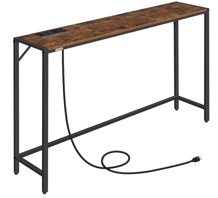 Console Table, Narrow Sofa Table, 43.3” Entrance Table with Power Station, Behind Couch Table, Simple Style, for Living Room, Hallway, Entryway, Foyer, Rustic Brown and Black 