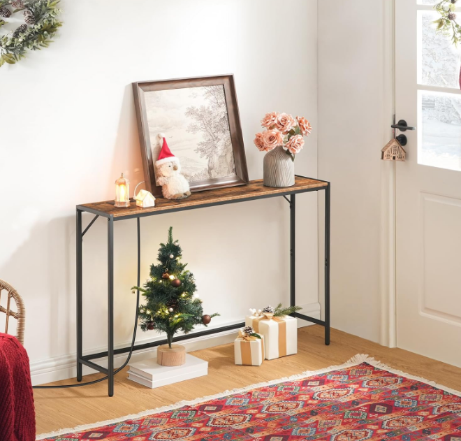 Console Table, Narrow Sofa Table, 43.3” Entrance Table with Power Station, Behind Couch Table, Simple Style, for Living Room, Hallway, Entryway, Foyer, Rustic Brown and Black 