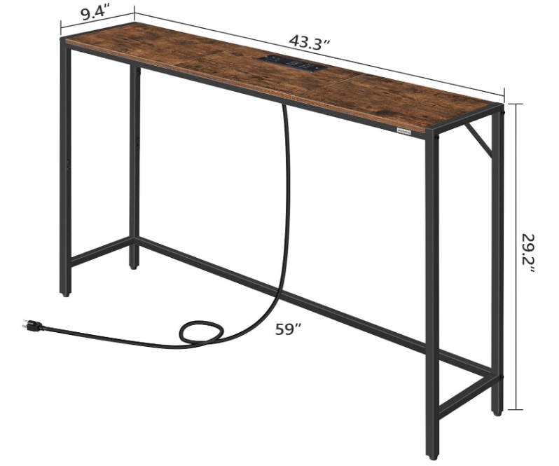Console Table, Narrow Sofa Table, 43.3” Entrance Table with Power Station, Behind Couch Table, Simple Style, for Living Room, Hallway, Entryway, Foyer, Rustic Brown and Black 