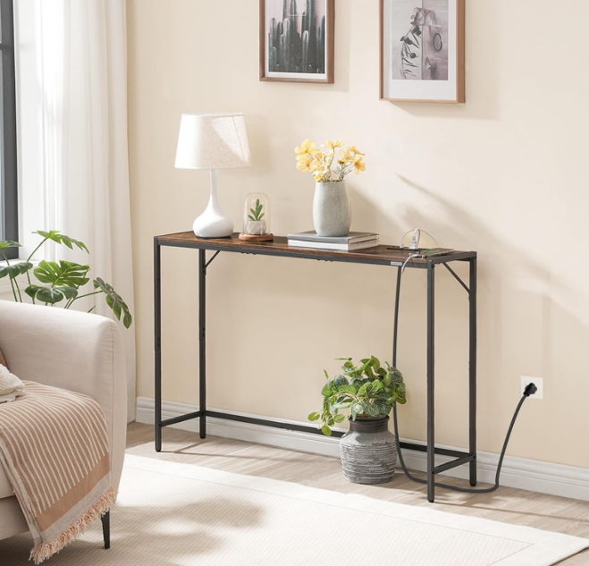 Console Table, Narrow Sofa Table, 43.3” Entrance Table with Power Station, Behind Couch Table, Simple Style, for Living Room, Hallway, Entryway, Foyer, Rustic Brown and Black 