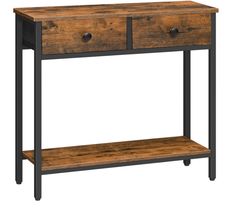 29.5" Narrow Console Table with 2 Fabric Drawers, Small Entryway Table with 2-Tier Storage Shelves, Thin Sofa Table, Side Table, for Living Room, Hallway, Rustic Brown and Black