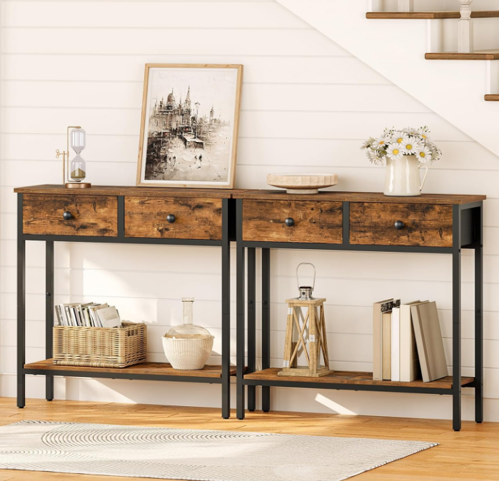 29.5" Narrow Console Table with 2 Fabric Drawers, Small Entryway Table with 2-Tier Storage Shelves, Thin Sofa Table, Side Table, for Living Room, Hallway, Rustic Brown and Black