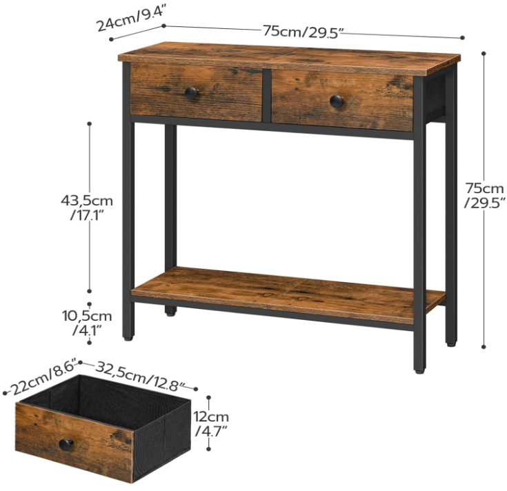 29.5" Narrow Console Table with 2 Fabric Drawers, Small Entryway Table with 2-Tier Storage Shelves, Thin Sofa Table, Side Table, for Living Room, Hallway, Rustic Brown and Black