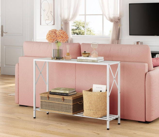 Console Table 41.8”, 2-Tier Entryway Table Narrow Sofa Table with Shelves, Entrance Table with Stable X-Frame, for Entryway, Hallway, Living Room, Foyer, Corridor, Office, White