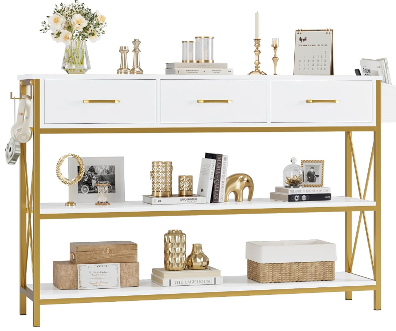 47.2" Console Table with 3 Drawers, Narrow Long Entryway Table with 3-Tier Storage Shelves, Industrial Sofa Foyer Table for Living Room, Hallway, Entry Way, Foyer, Kitchen, White/Gold