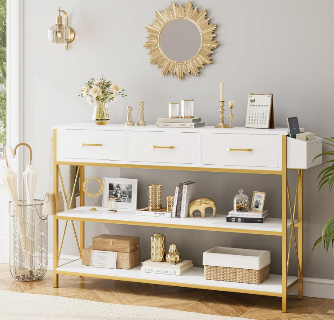 47.2" Console Table with 3 Drawers, Narrow Long Entryway Table with 3-Tier Storage Shelves, Industrial Sofa Foyer Table for Living Room, Hallway, Entry Way, Foyer, Kitchen, White/Gold