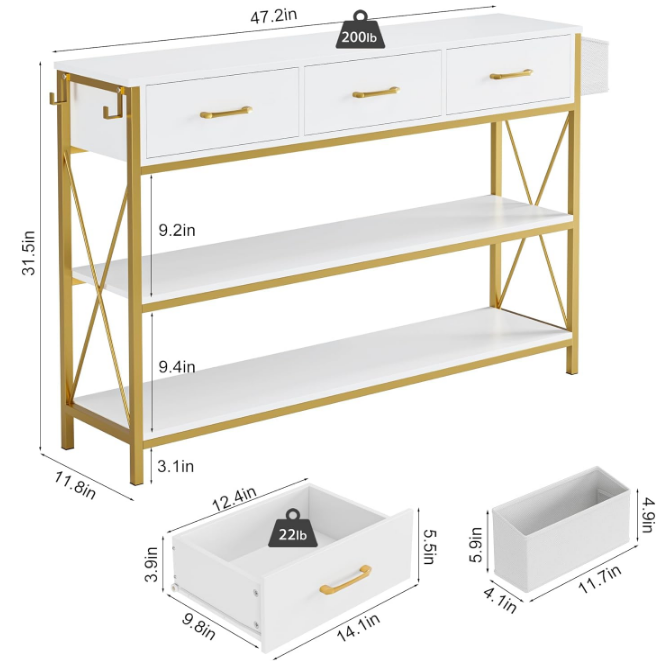 47.2" Console Table with 3 Drawers, Narrow Long Entryway Table with 3-Tier Storage Shelves, Industrial Sofa Foyer Table for Living Room, Hallway, Entry Way, Foyer, Kitchen, White/Gold