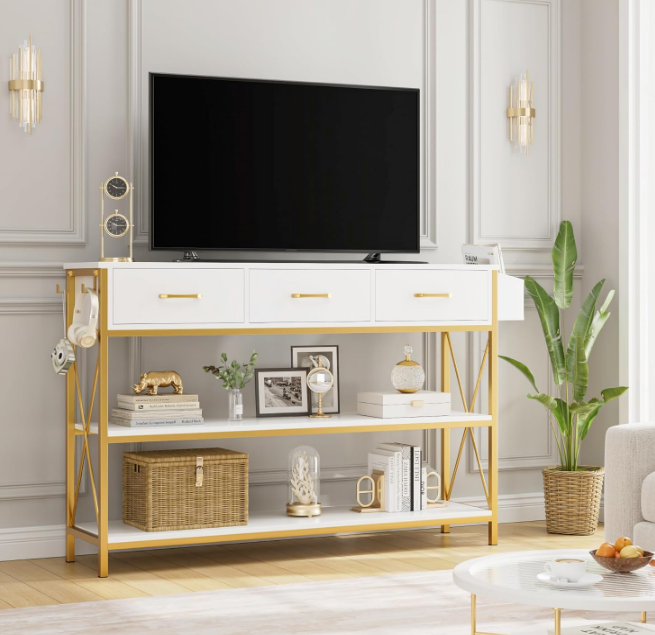 47.2" Console Table with 3 Drawers, Narrow Long Entryway Table with 3-Tier Storage Shelves, Industrial Sofa Foyer Table for Living Room, Hallway, Entry Way, Foyer, Kitchen, White/Gold