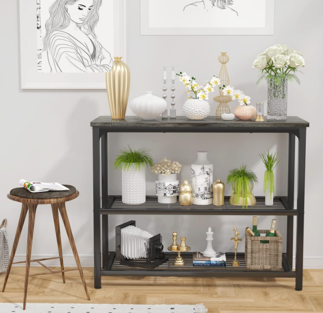 Small Console Table, Sofa Table with Double Mesh Shelves, Modern Entryway Table for Entryway, Hallway, Foyer, Front Hall, Sofa Couch, Living Room, Bar, Kitchen, 32 Inch, Grey