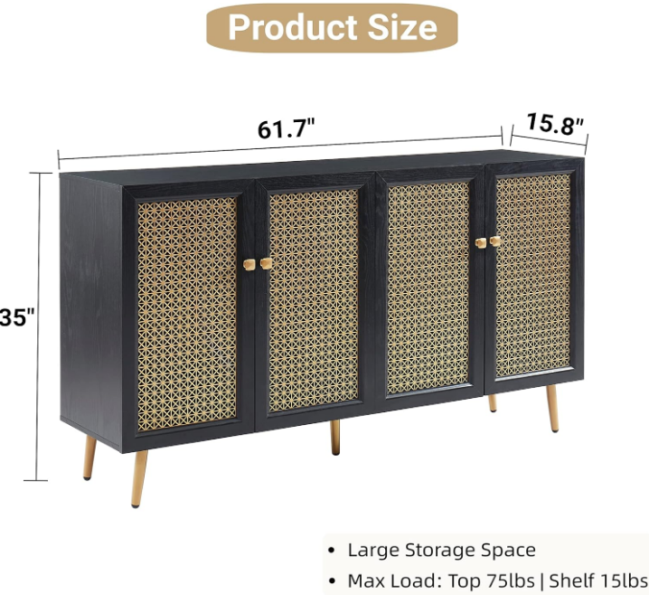 Black Storage Cabinet Sideboard Large Buffet with LED Light, Multifunctional Accent Cabinet Console Cabinet for Dining Room, Living Room 61.7"x15.8"x35"H