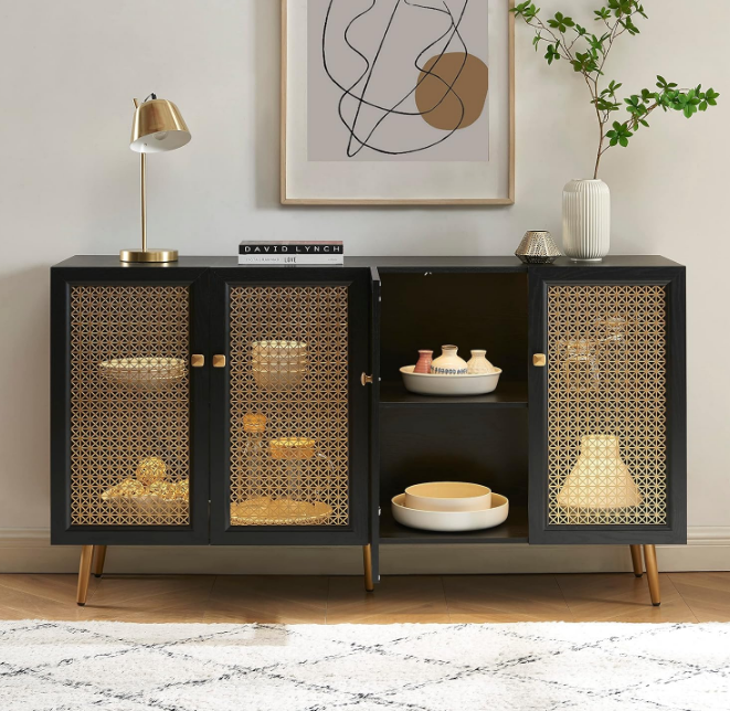 Black Storage Cabinet Sideboard Large Buffet with LED Light, Multifunctional Accent Cabinet Console Cabinet for Dining Room, Living Room 61.7"x15.8"x35"H