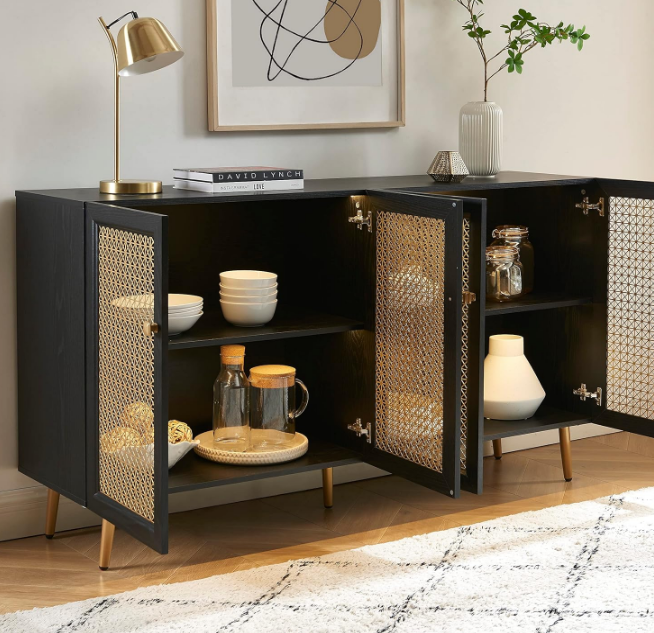 Black Storage Cabinet Sideboard Large Buffet with LED Light, Multifunctional Accent Cabinet Console Cabinet for Dining Room, Living Room 61.7"x15.8"x35"H