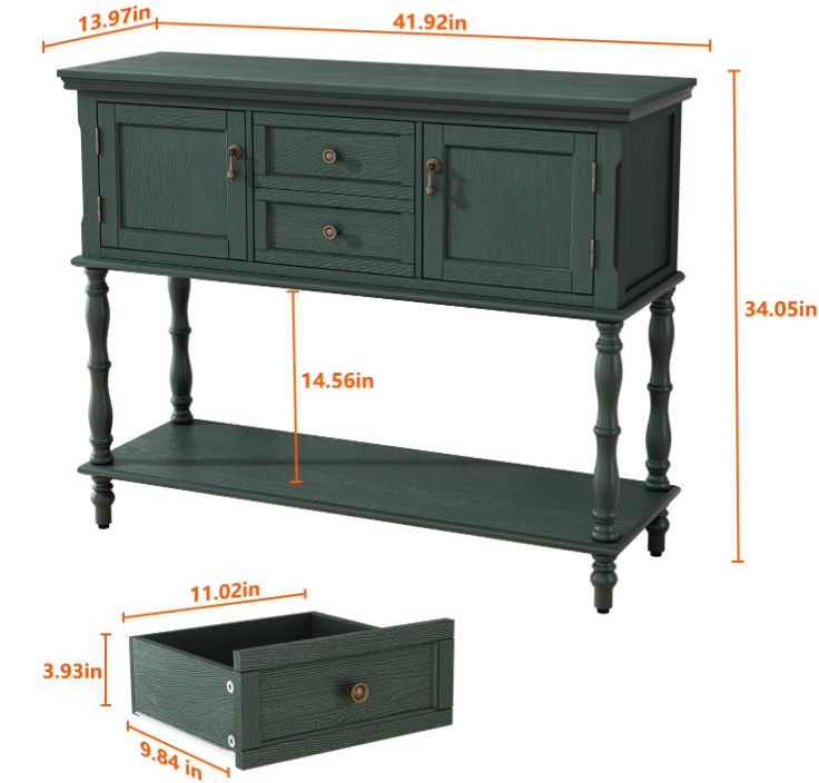 Console Table with 2 Door, Open Storage Shelf and Retro Entryway Table with 2 Drawers Cabinets, Accent Table, Behind Couch Table for Living Room, Foyer and Hallway, Green