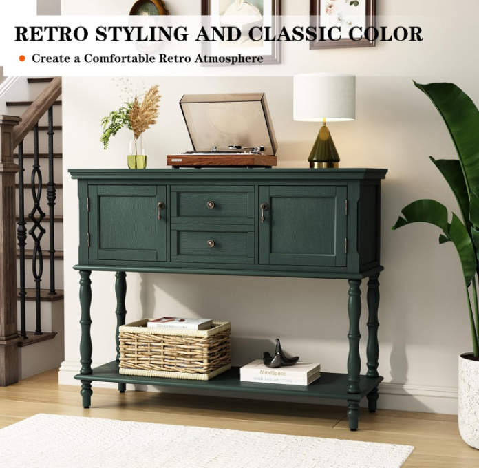 Console Table with 2 Door, Open Storage Shelf and Retro Entryway Table with 2 Drawers Cabinets, Accent Table, Behind Couch Table for Living Room, Foyer and Hallway, Green