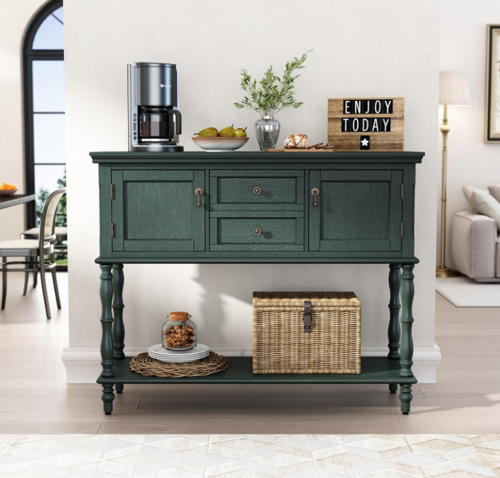 Console Table with 2 Door, Open Storage Shelf and Retro Entryway Table with 2 Drawers Cabinets, Accent Table, Behind Couch Table for Living Room, Foyer and Hallway, Green