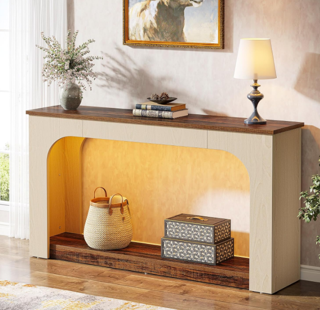 55-Inch Console Table with LED Lights, Farmhouse 2-Tier Narrow Sofa Table with Storage, Wood Foyer Entryway Behind Couch Table for Living Room, Hallway, Entrance, Rustic Brown & Light Oak