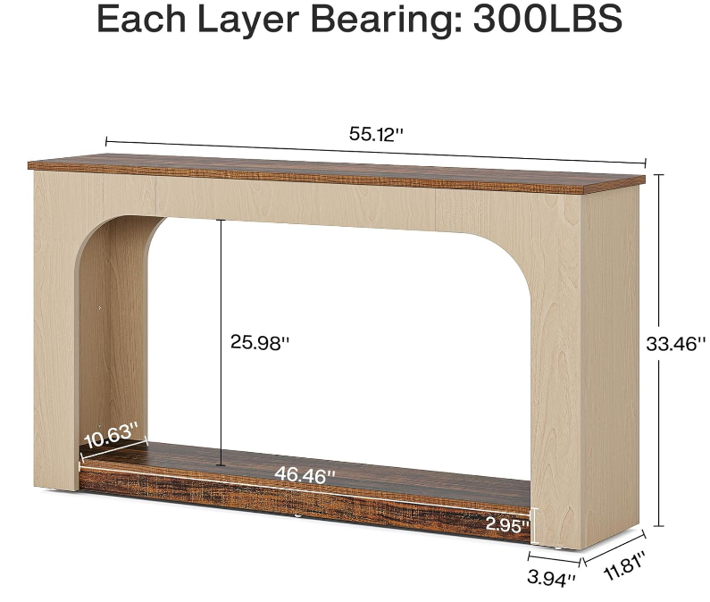 55-Inch Console Table with LED Lights, Farmhouse 2-Tier Narrow Sofa Table with Storage, Wood Foyer Entryway Behind Couch Table for Living Room, Hallway, Entrance, Rustic Brown & Light Oak