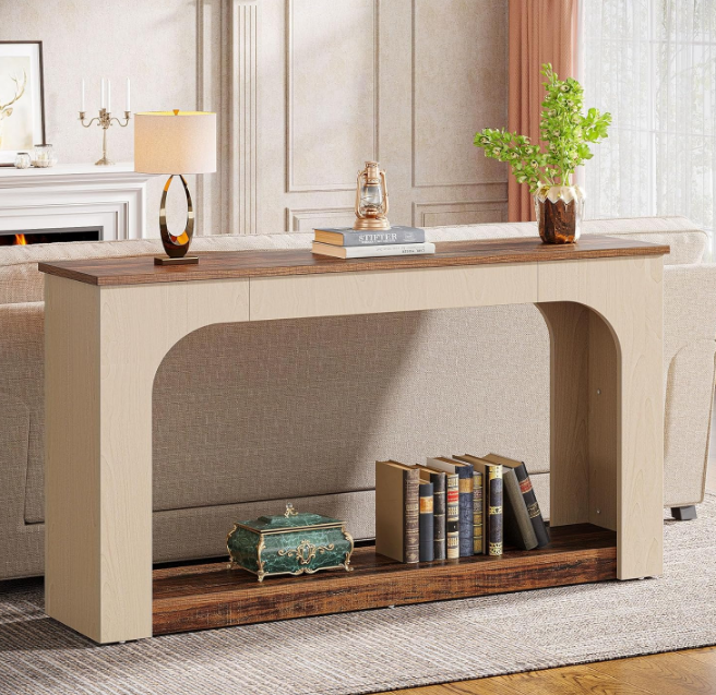 55-Inch Console Table with LED Lights, Farmhouse 2-Tier Narrow Sofa Table with Storage, Wood Foyer Entryway Behind Couch Table for Living Room, Hallway, Entrance, Rustic Brown & Light Oak