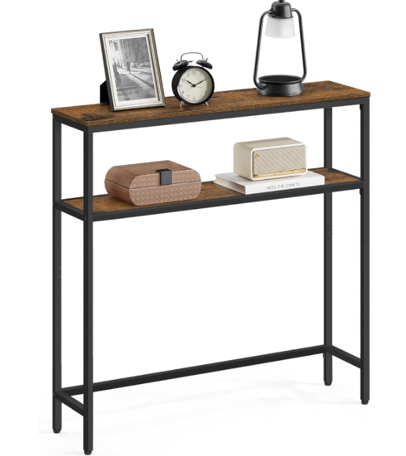 Console Table, 2-Tier Sofa Table, 7.9 x 31.5 x 31.5 Inches, Narrow Entryway Table, Modern Entry Table with 2 Shelves, for Living Room, Bedroom, Rustic Brown and Ink Black