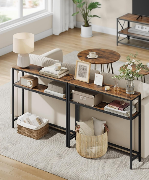 Console Table, 2-Tier Sofa Table, 7.9 x 31.5 x 31.5 Inches, Narrow Entryway Table, Modern Entry Table with 2 Shelves, for Living Room, Bedroom, Rustic Brown and Ink Black