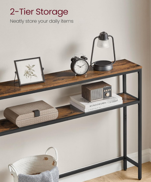 Console Table, 2-Tier Sofa Table, 7.9 x 31.5 x 31.5 Inches, Narrow Entryway Table, Modern Entry Table with 2 Shelves, for Living Room, Bedroom, Rustic Brown and Ink Black