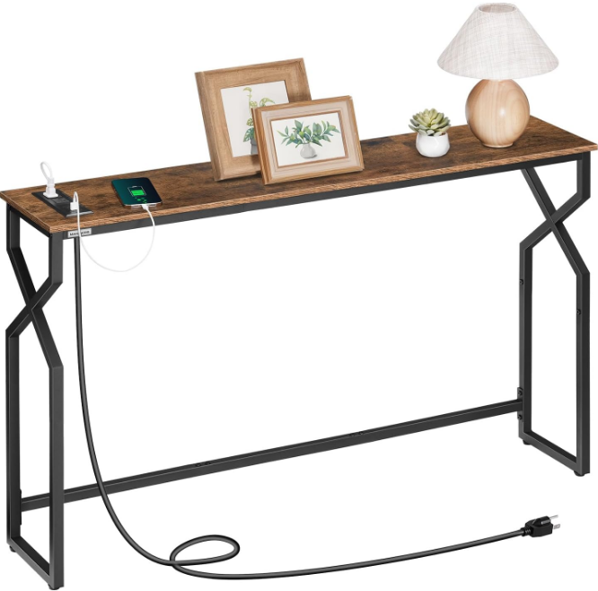Sofa Console Table, 44.9" Entryway Table with Power Station, Narrow Couch Table, Hallway Table, Sofa Table with USB Ports, Metal Frame, for Entrance, Living Room, Rustic Brown