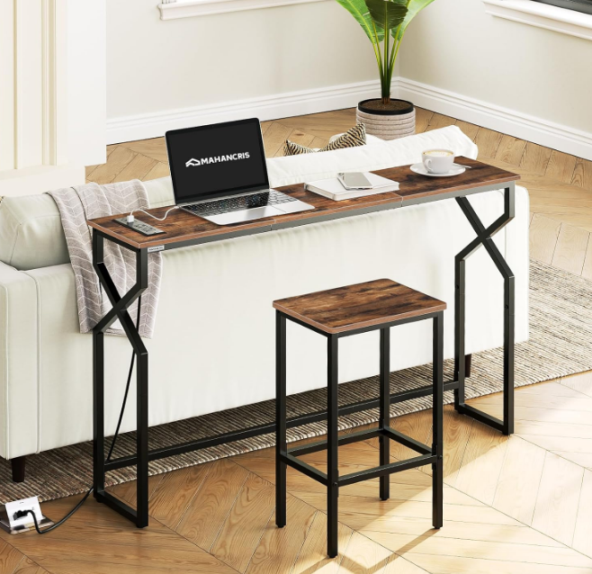 Sofa Console Table, 44.9" Entryway Table with Power Station, Narrow Couch Table, Hallway Table, Sofa Table with USB Ports, Metal Frame, for Entrance, Living Room, Rustic Brown