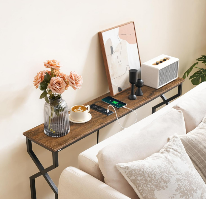 Sofa Console Table, 44.9" Entryway Table with Power Station, Narrow Couch Table, Hallway Table, Sofa Table with USB Ports, Metal Frame, for Entrance, Living Room, Rustic Brown