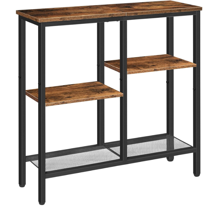 Console Table, Narrow Side Table, Sofa Table, 4-Tier Industrial Hallway Table with Metal Mesh Shelf and Adjustable Feet, for Entryway, Living Room, Hallway, Rustic Brown and Black